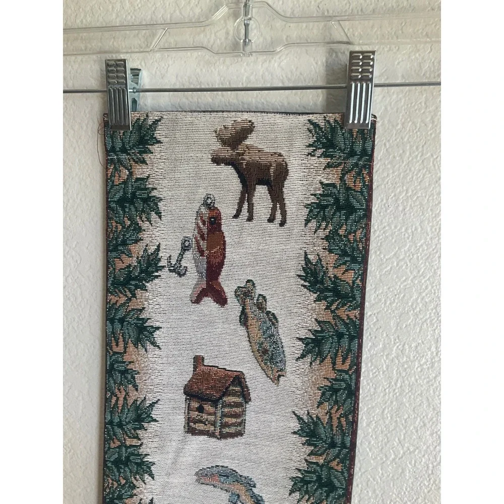 Vintage The Outdoorsman Tapestry Bell Pull  Hanging Moose Fish Cabin 8x41 USA